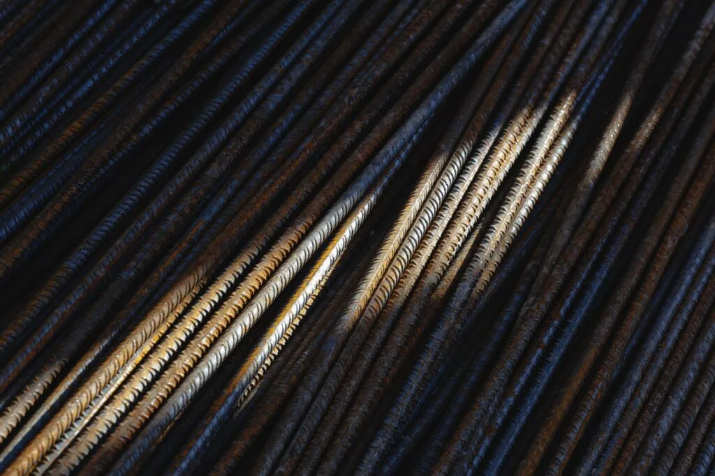 Close-up of steel rebar, the reinforcement used where slabs carry real weight
